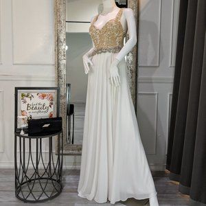 White and Tan Formal Evening Prom Dress Gown